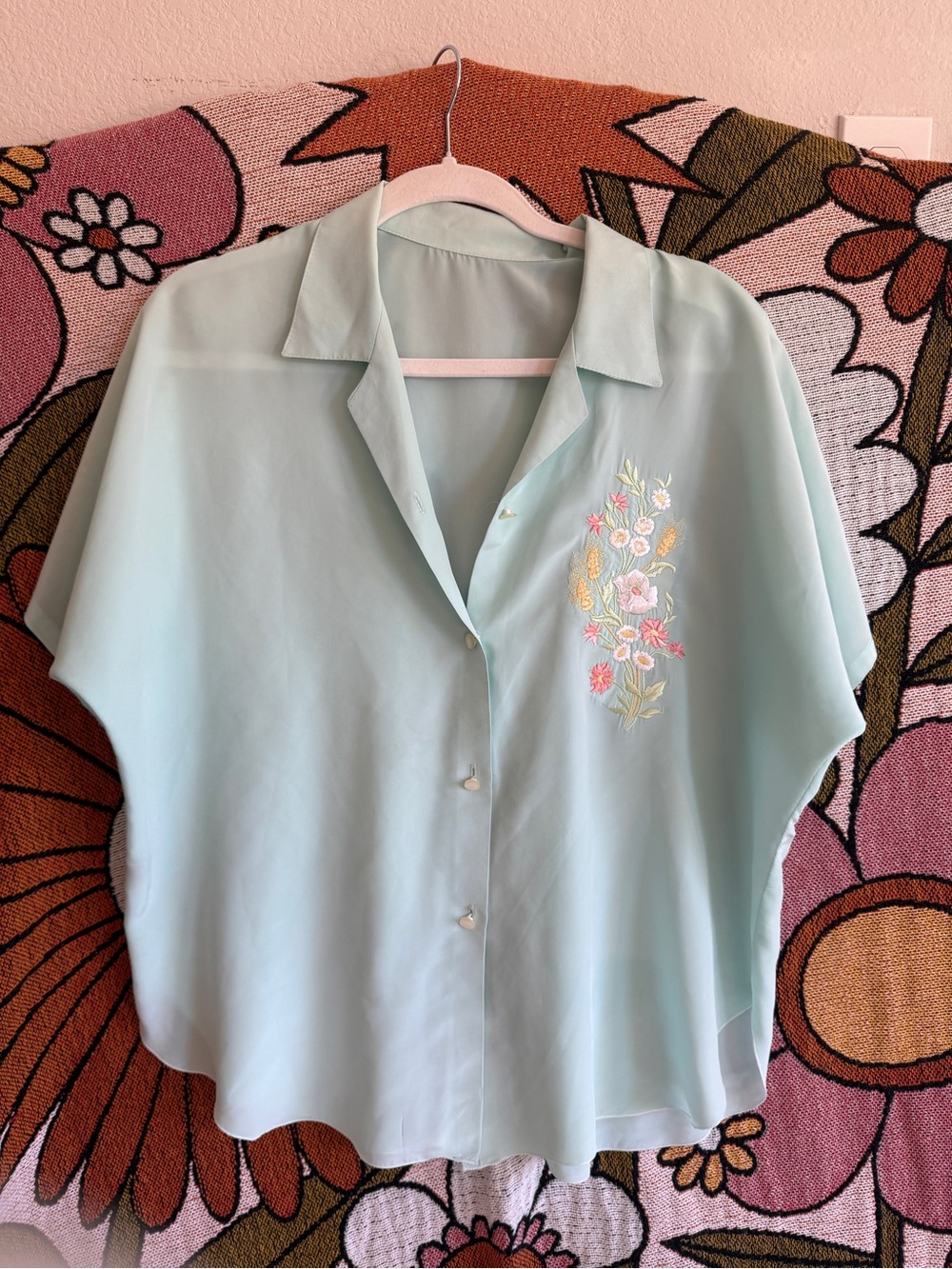 Vintage French Light Blue Embroidered Short Sleeve Button-Up Top